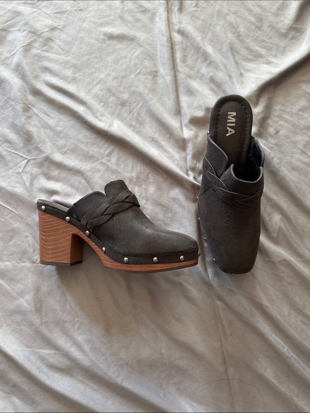 MIA Black Braided Suede Clog Mules with Wood-Effect Heel